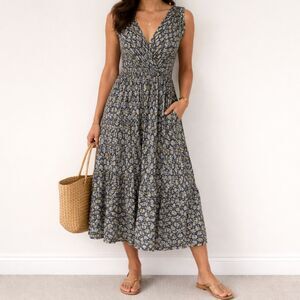 Max Studio Floral Sleeveless Midi Women’s Large Blue Yellow Smocked Waist S